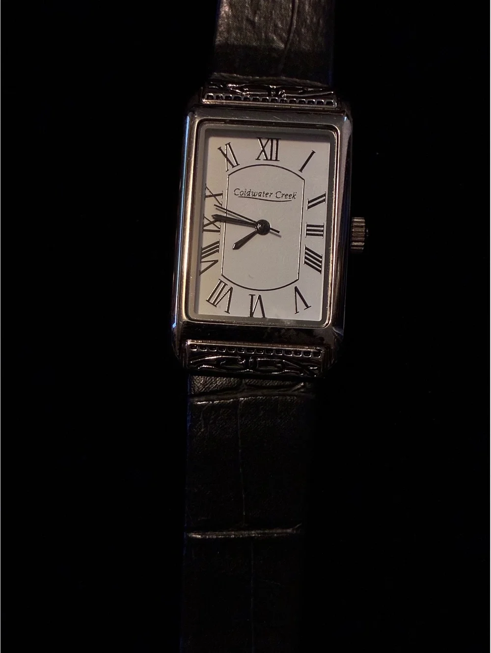 Coldwater Creek Women's Tank Watch Silver Tone Rectangular Roman Numeral Black